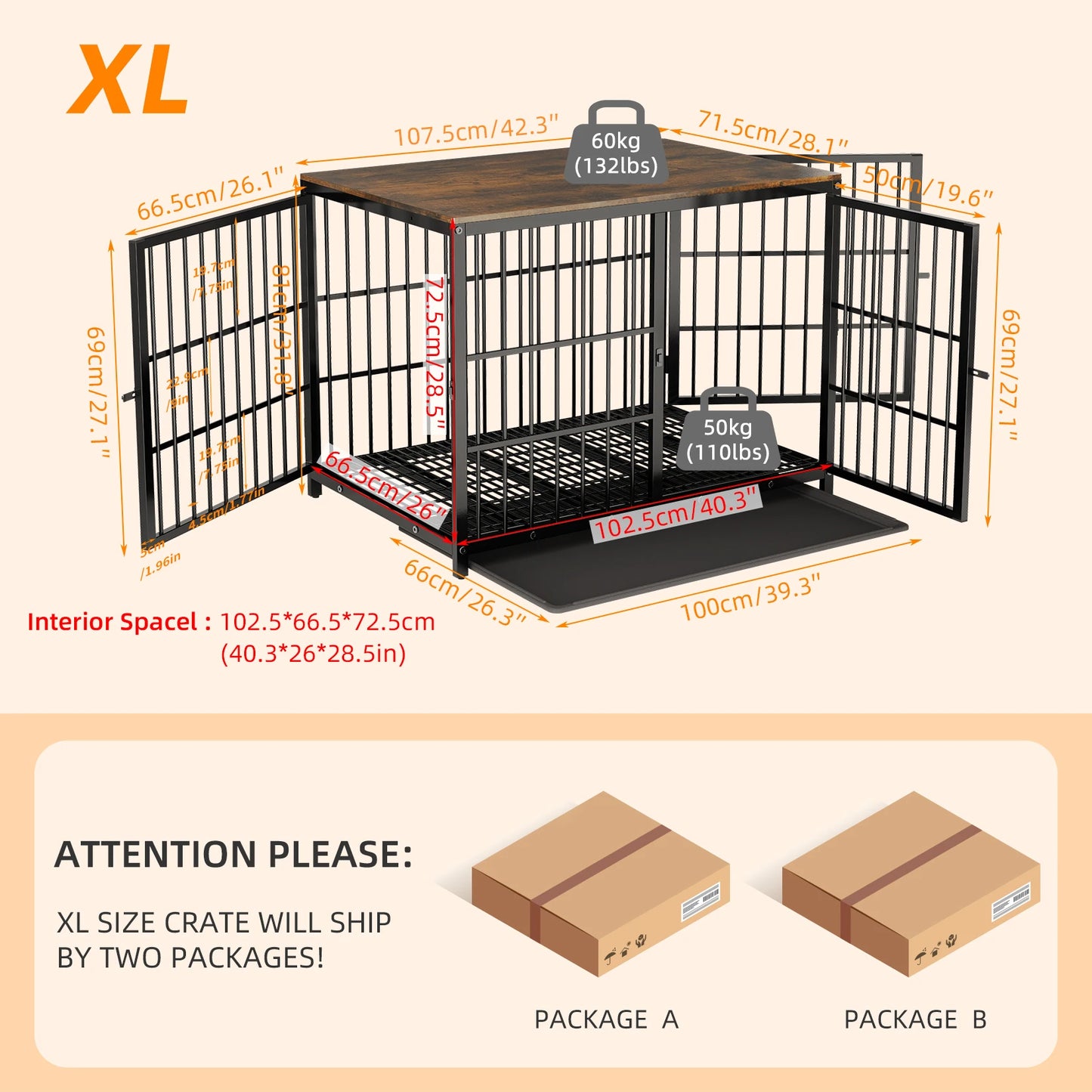 Furniture Style Metal Wood Dog Crate End Table With Three Doors Removable Tray
