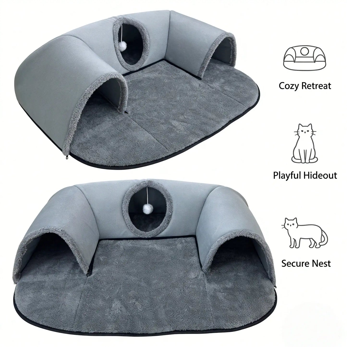 2 In 1 Cat Tunnel Bed With Plush Cushion And Hideaway Cave