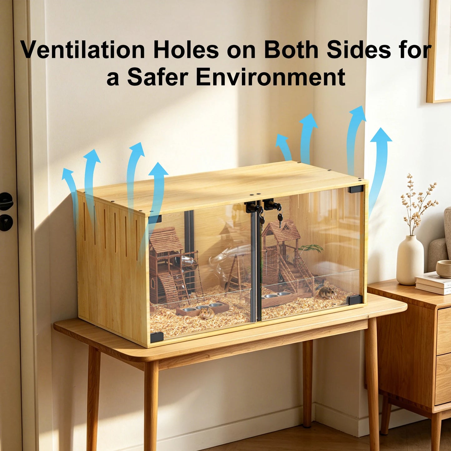 Wooden Hamster Cage With Dual Doors And Removable Divider