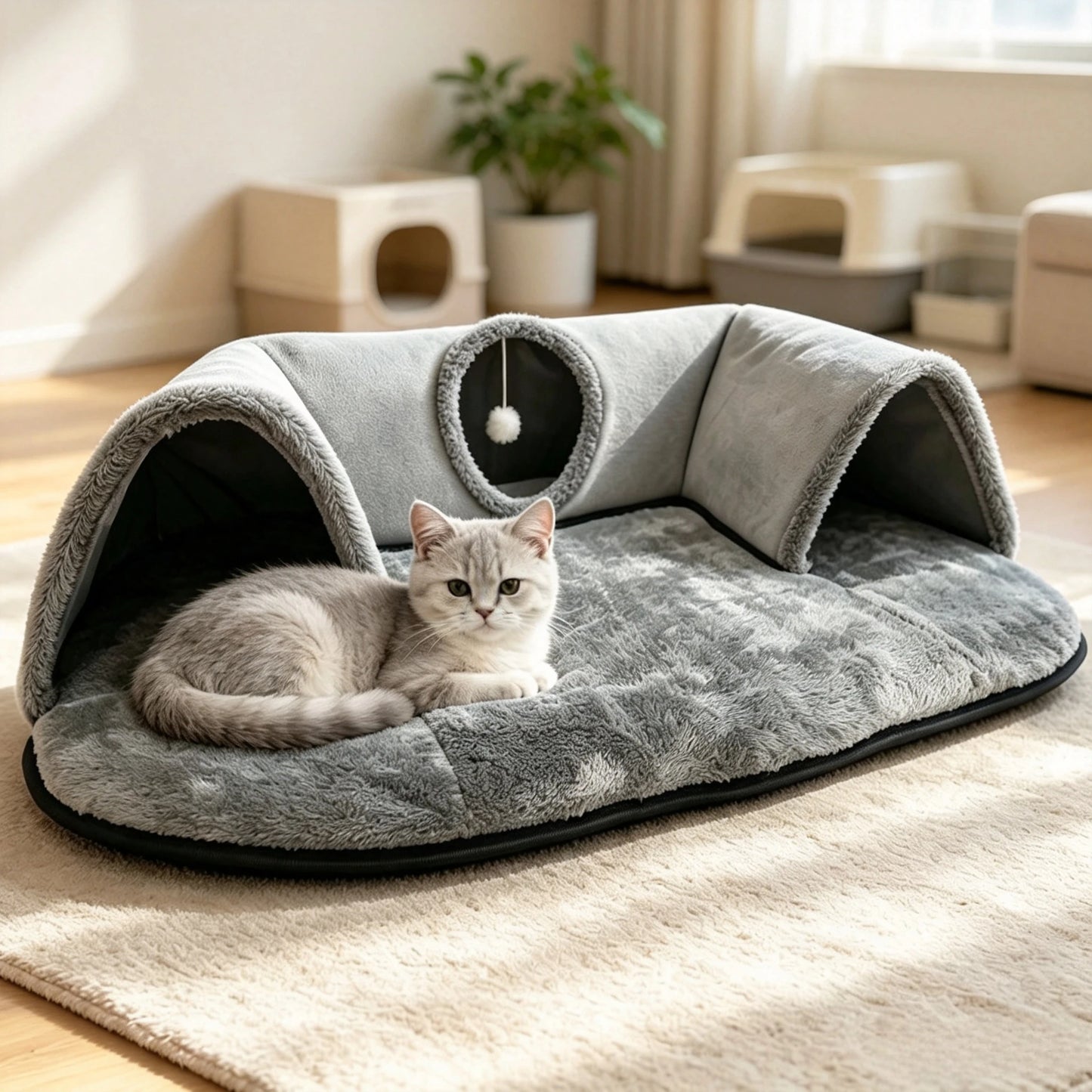2 In 1 Cat Tunnel Bed With Plush Cushion And Hideaway Cave