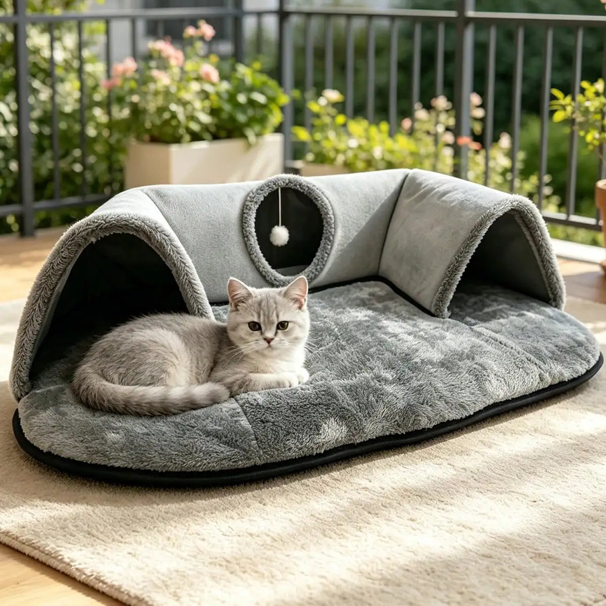 2 In 1 Cat Tunnel Bed With Plush Cushion And Hideaway Cave