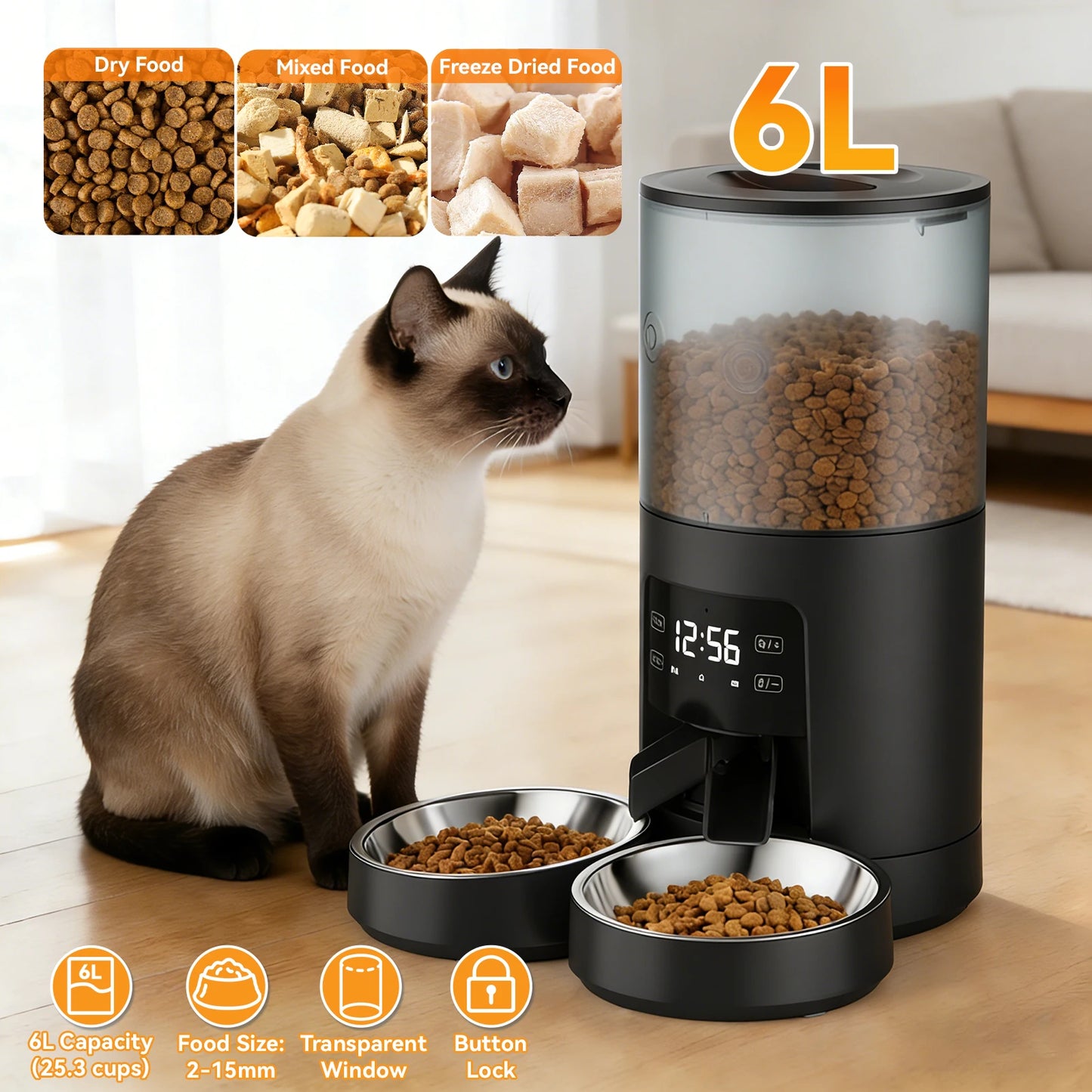 Automatic Cat Feeder With 2 Stainless Bowls And Timed Dispenser
