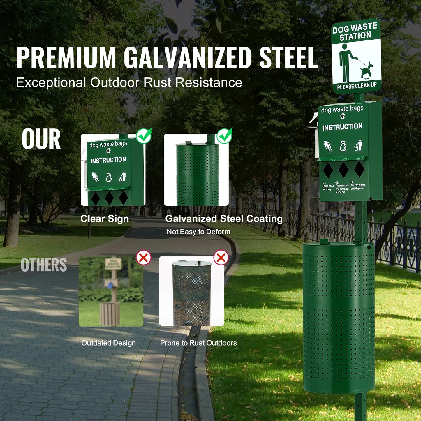 Outdoor Galvanized Steel Dog Waste Station With Hand Wash Bottle Bag Dispenser