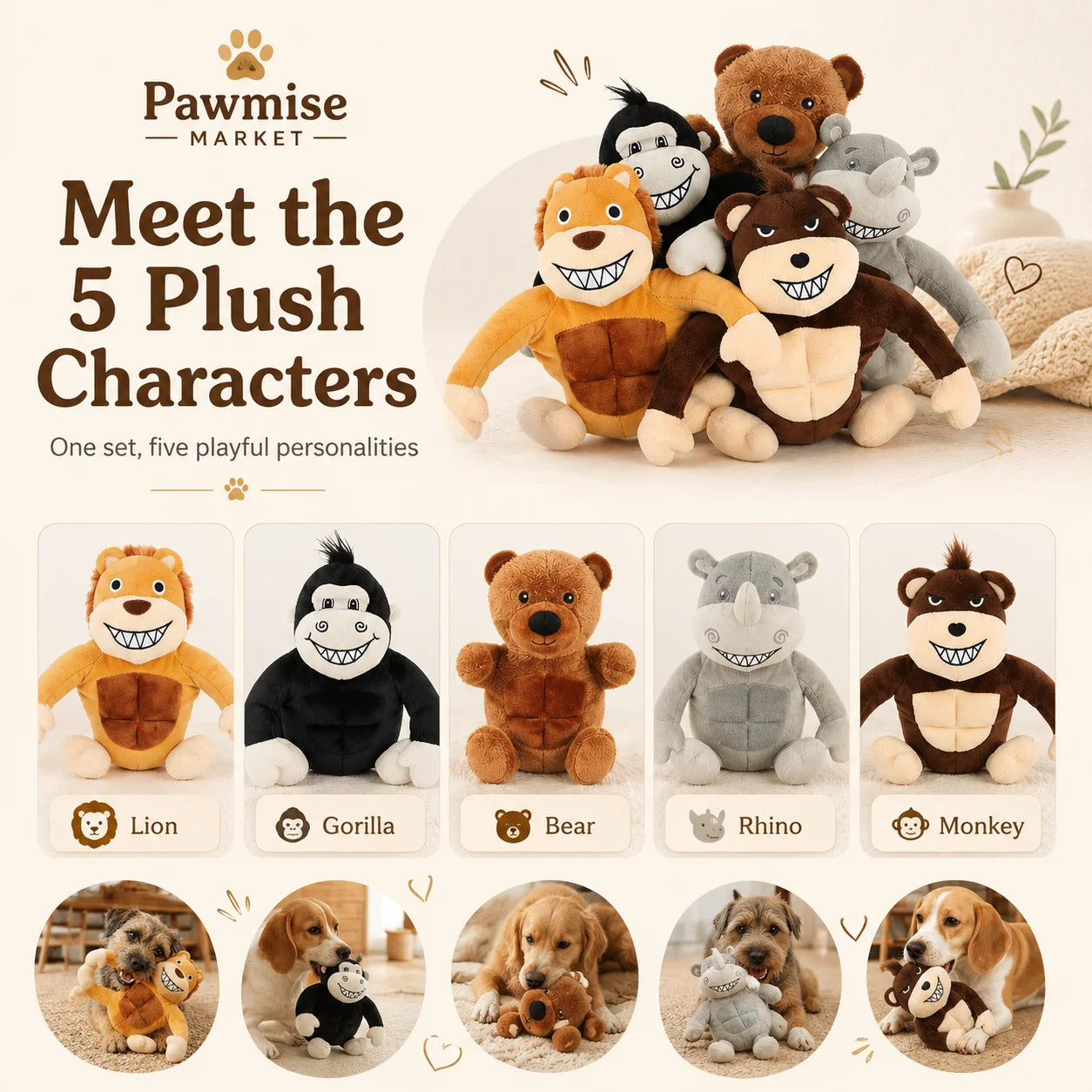 Five Piece Plush Squeaky Pet Toys For Dogs And Cats