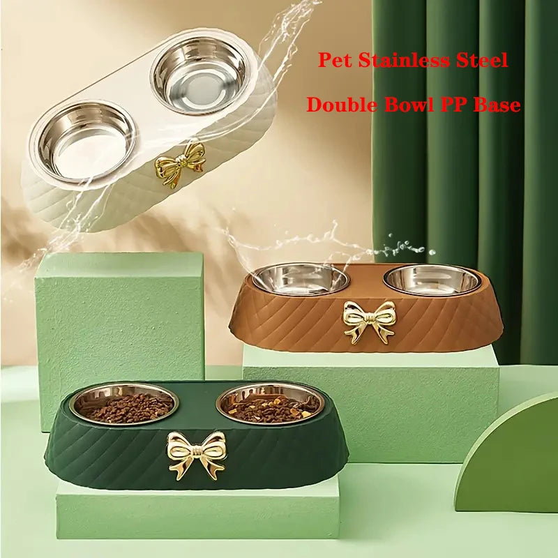 Bow Tie Pet Bowl Dual Feeder With Plastic Base And Double Bowls