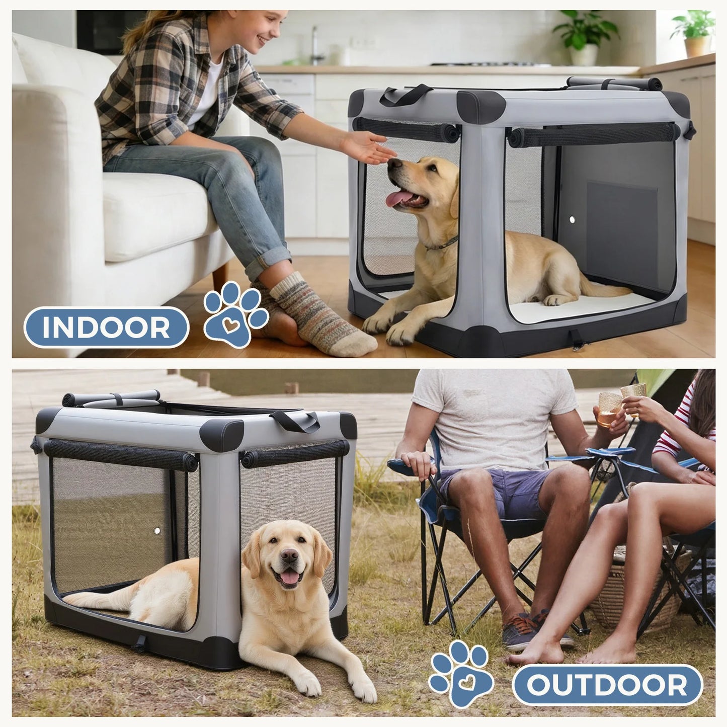 JHK Foldable Soft Dog Crate With Three Doors Indoor Use