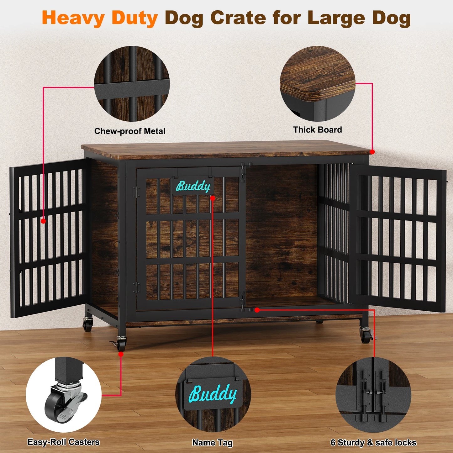 Heavy Duty Crate Furniture For Large Medium Dogs With Casters