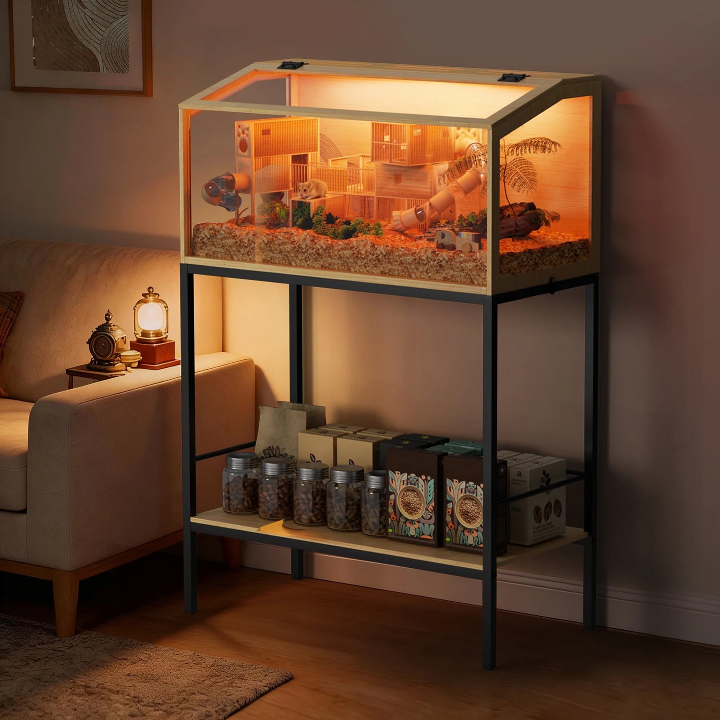 Large Wooden Hamster Cage With Integrated LED Light And Safety