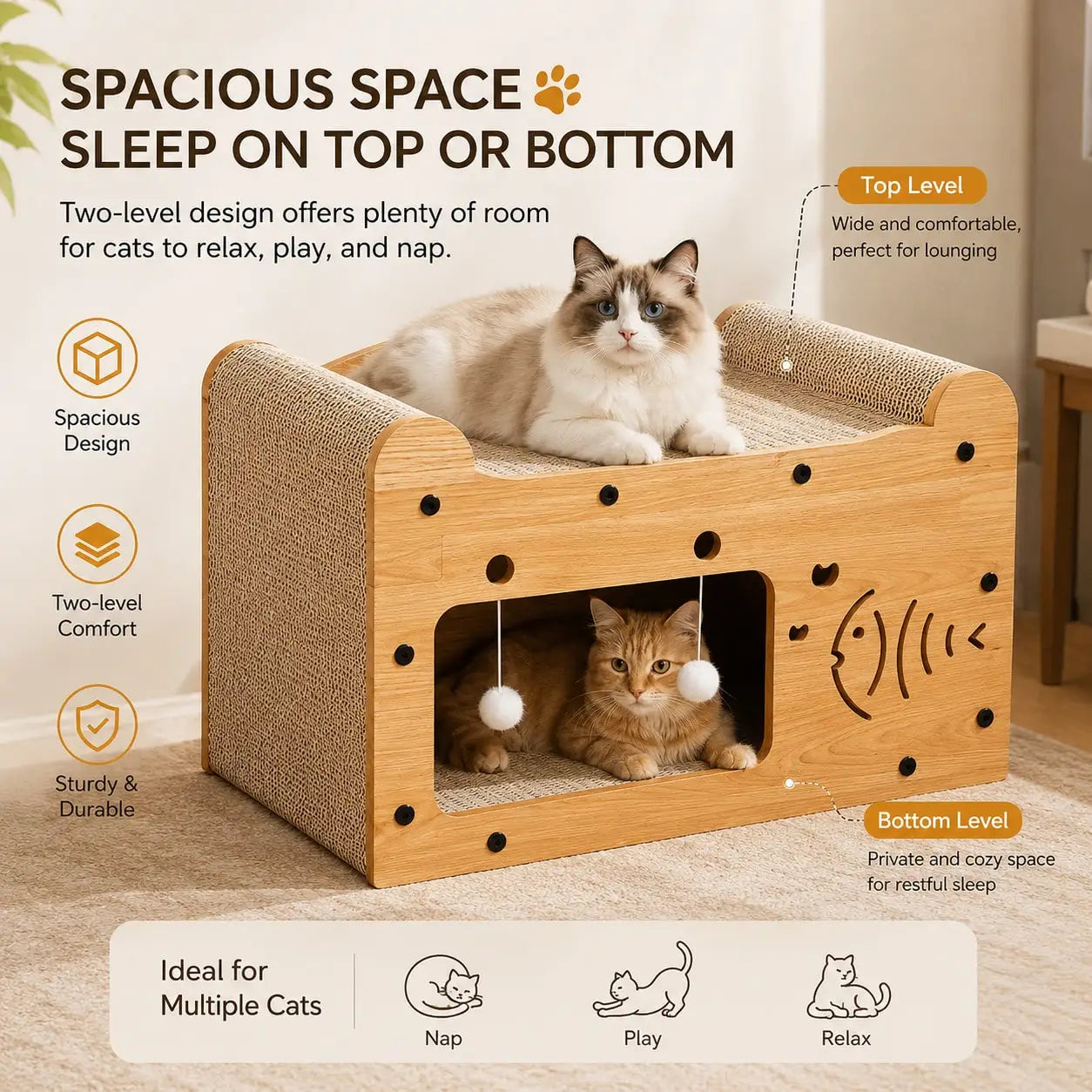 2In1 Feline Cat Scratcher Lounge Bed With Pom Balls