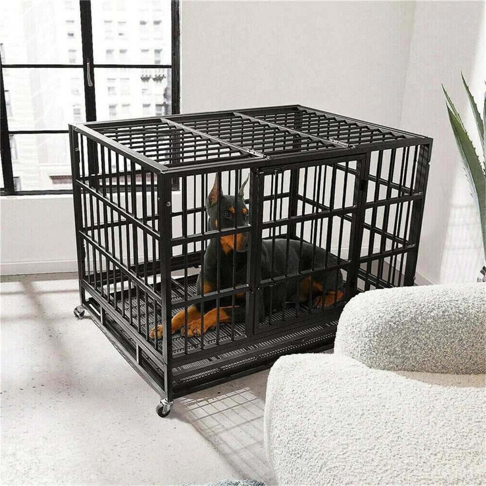 BORWART Heavy Duty Dog Crate Tear Resistant Square Tube Kennel Lockable Wheels