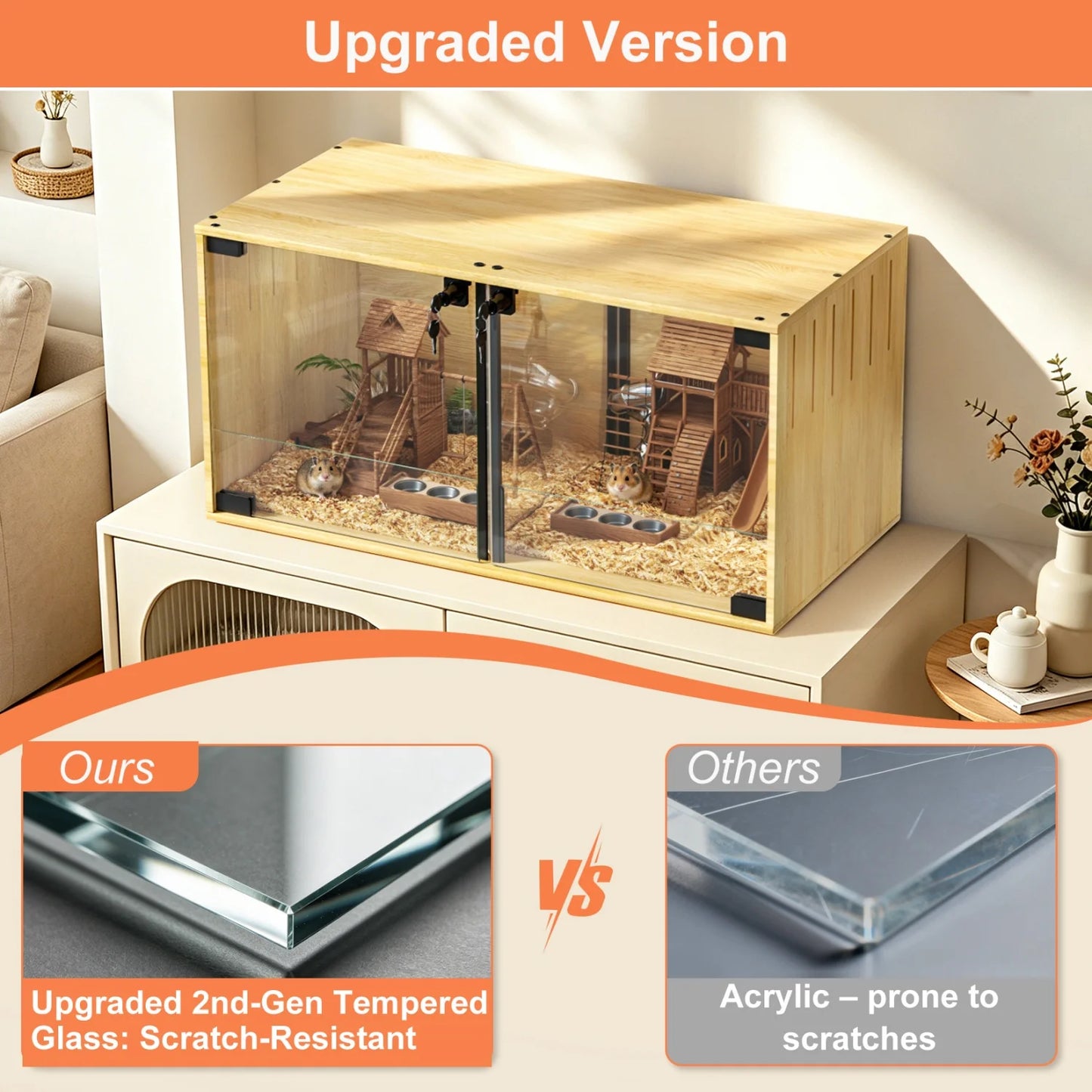 Wooden Hamster Cage With Removable Divider And Tempered Glass Panels