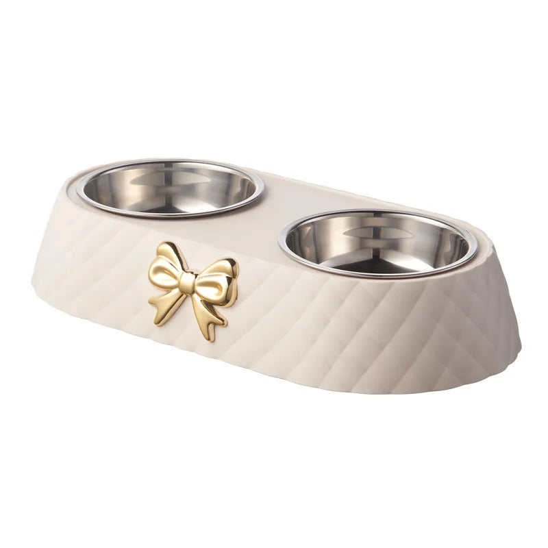 Bow Tie Pet Bowl Dual Feeder With Plastic Base And Double Bowls
