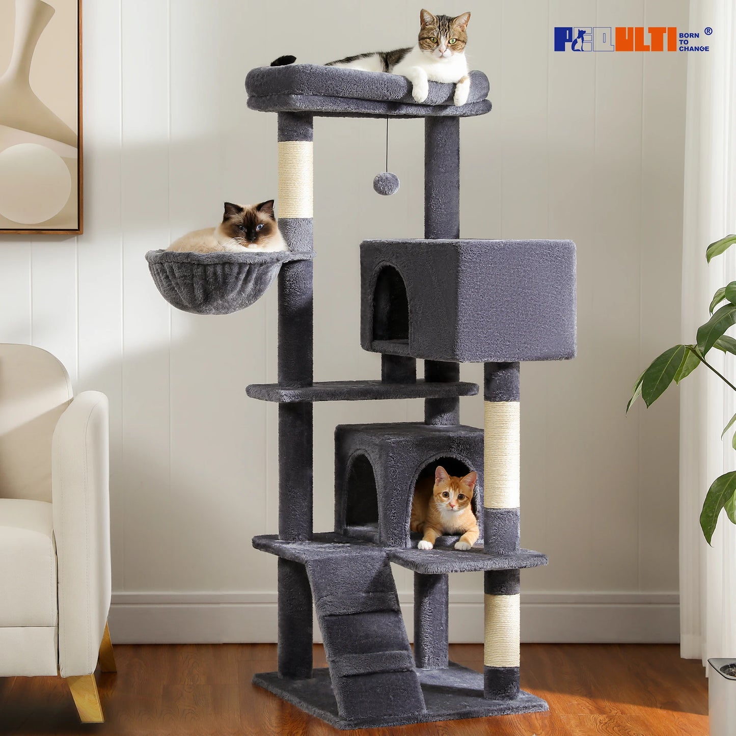 PEQULTI Five Level Cat Tree With Hammock And Cozy Condos
