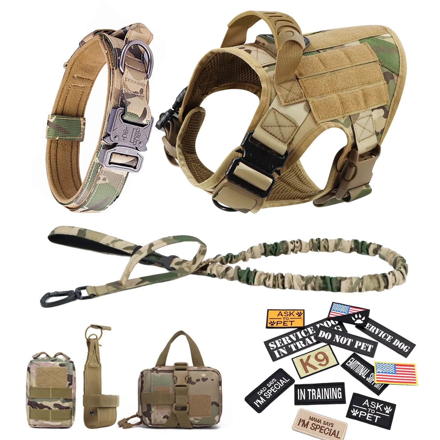 Military Large Dog Harness Vest Set With Leash Patches Bags Training