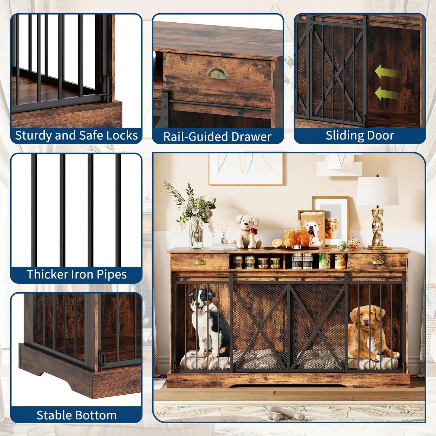 Double Dog Crate Furniture With Sliding Doors And Removable Divider