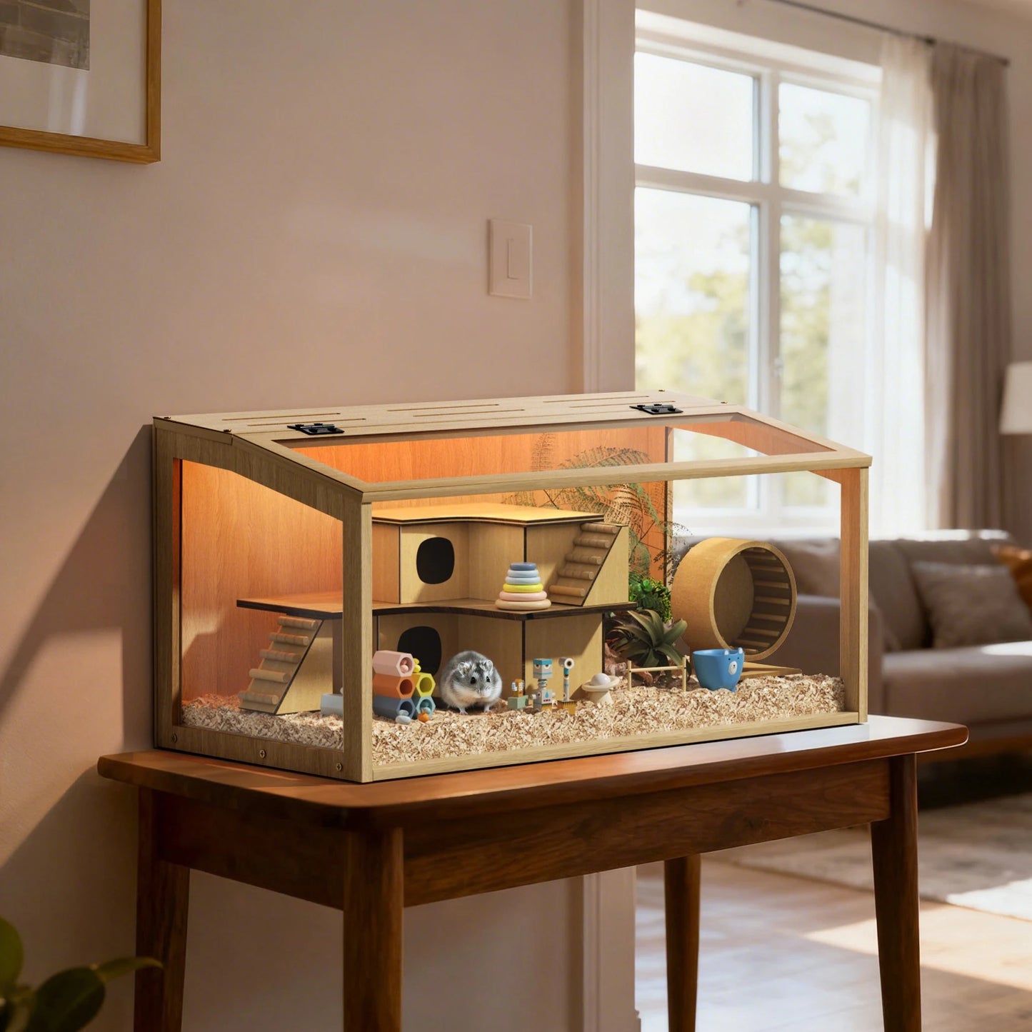 Large Wooden Hamster Cage With Integrated LED Light And Safety