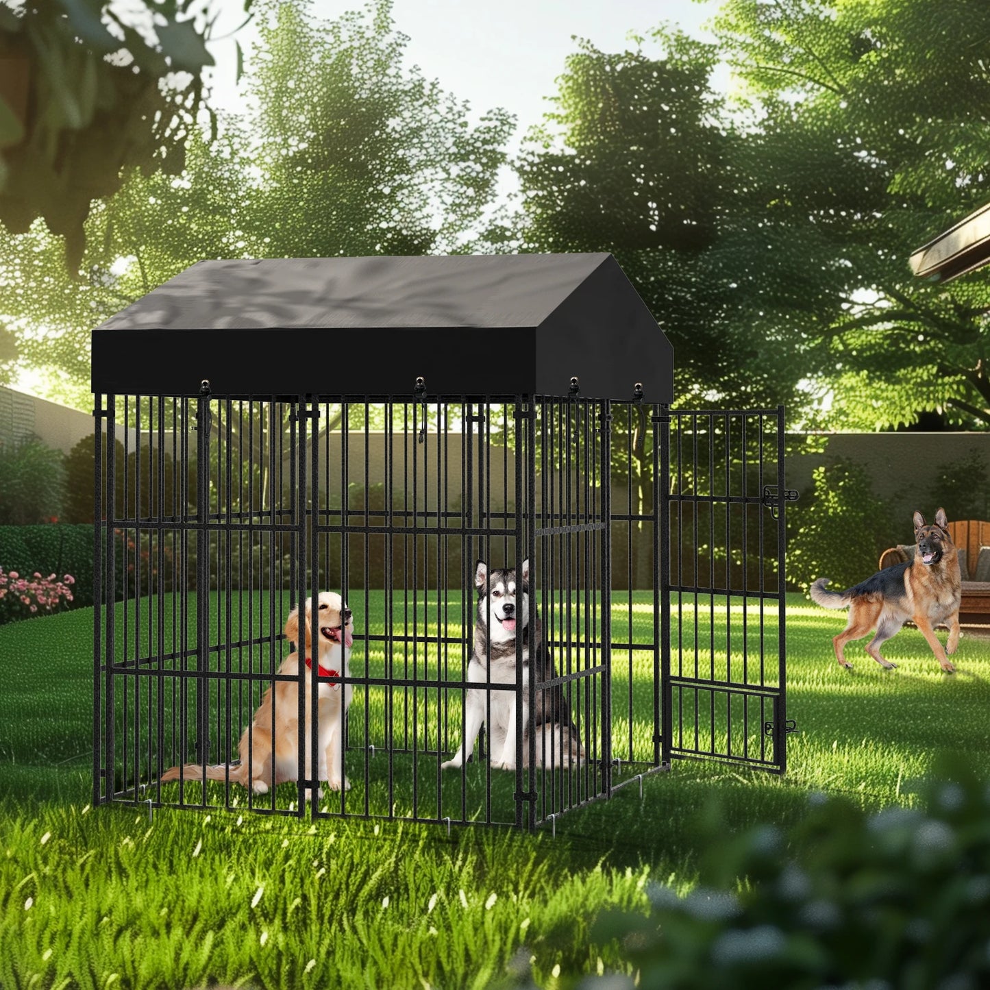 Outdoor Dog Kennel With Roof Heavy Duty Metal Crate Enclosure