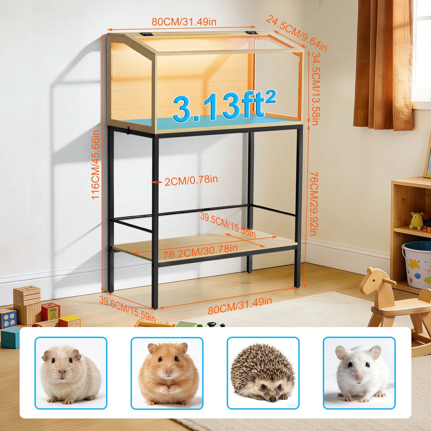 Large Wooden Hamster Cage With Integrated LED Light And Safety