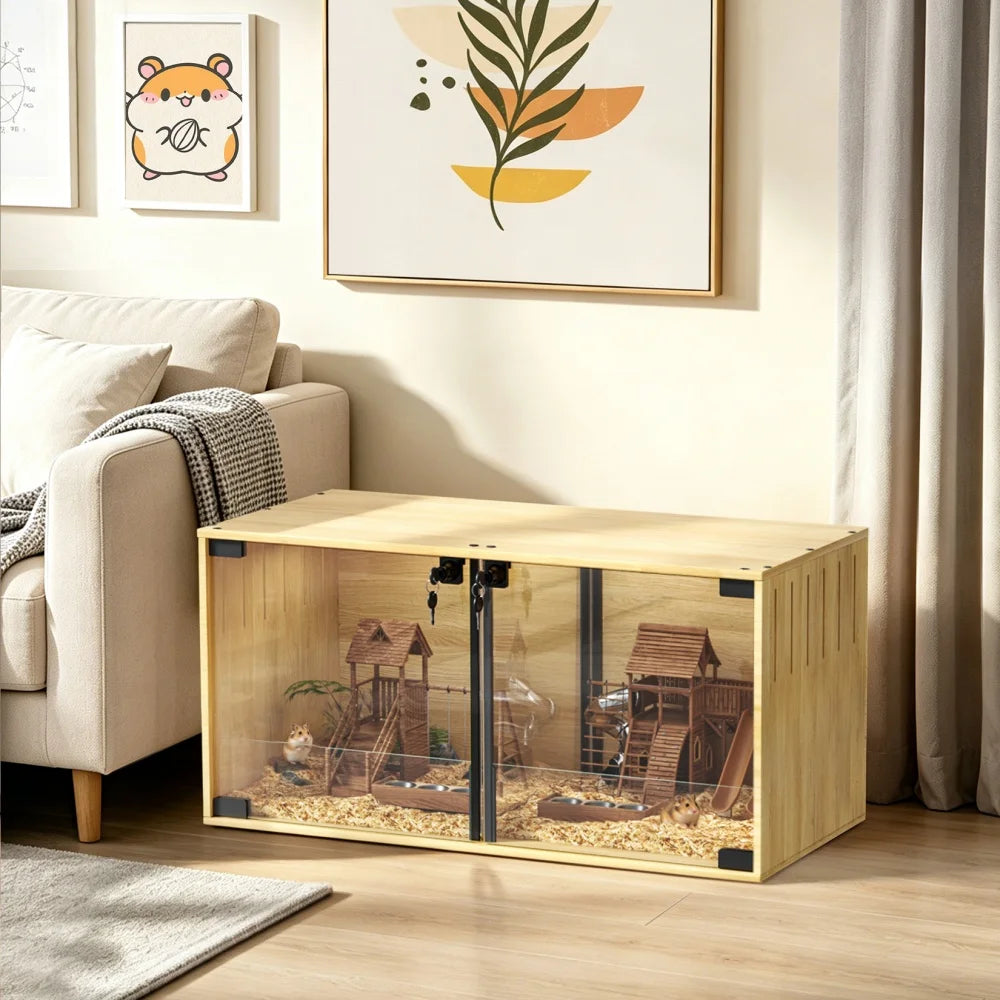 Wooden Hamster Cage With Dual Doors And Removable Divider