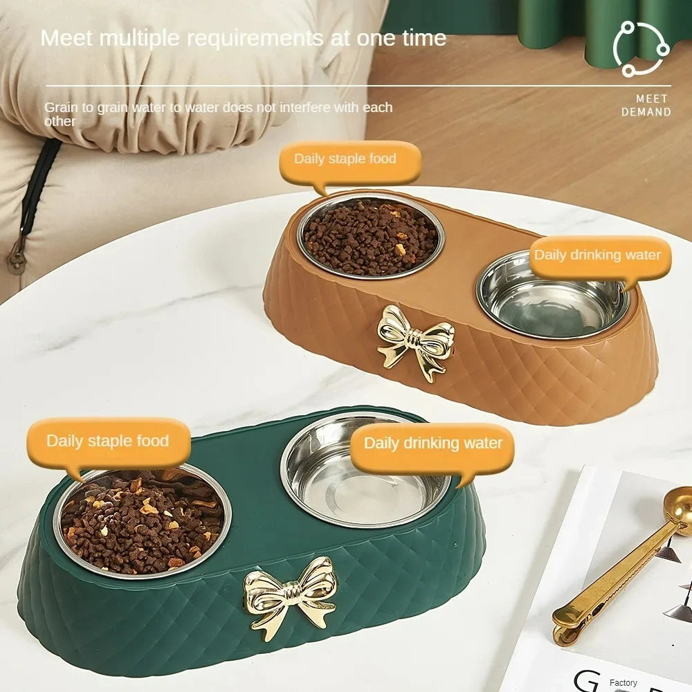 Bow Tie Pet Bowl Dual Feeder With Plastic Base And Double Bowls