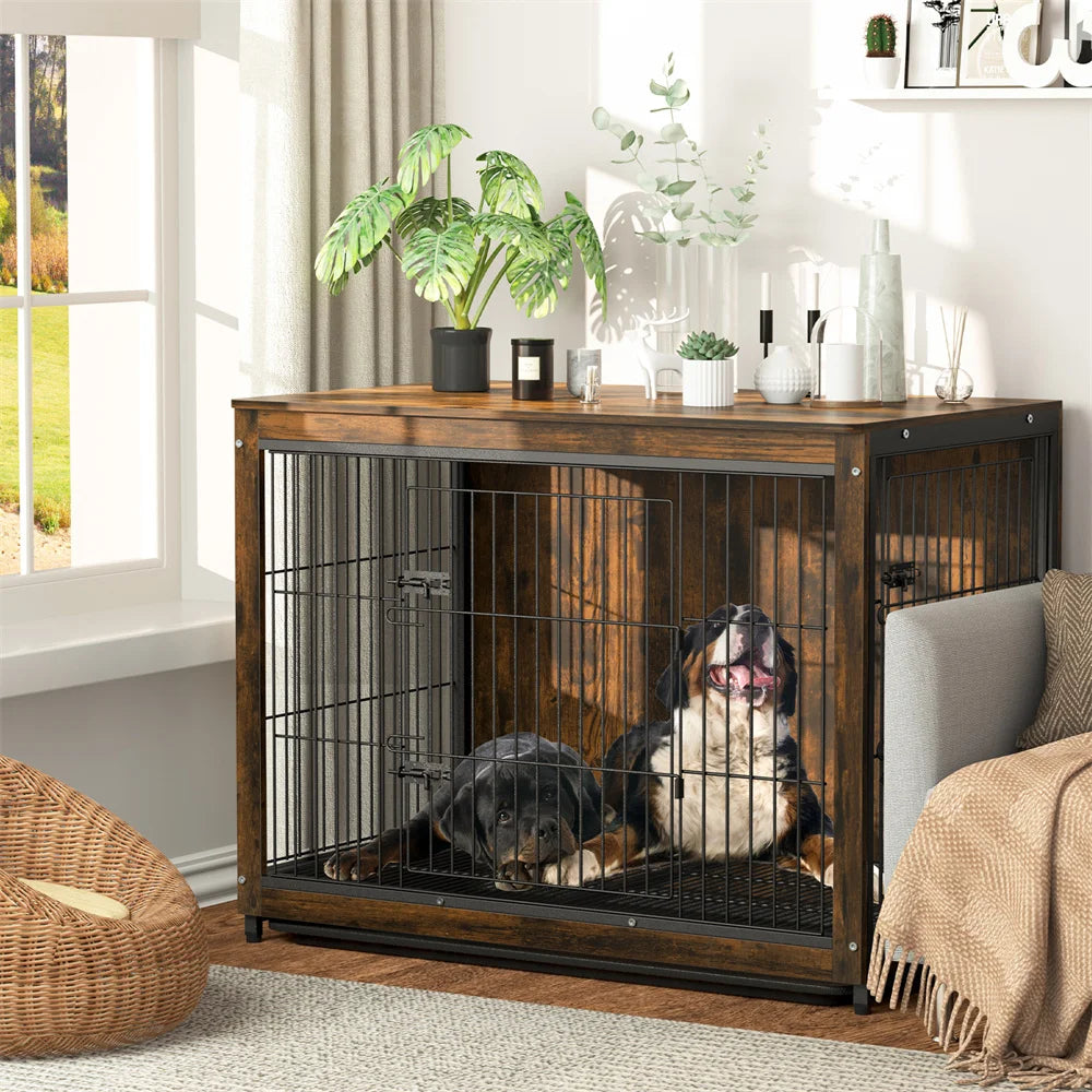 BORWART Large Elevated Dog Crate End Table Kennel With Double Door