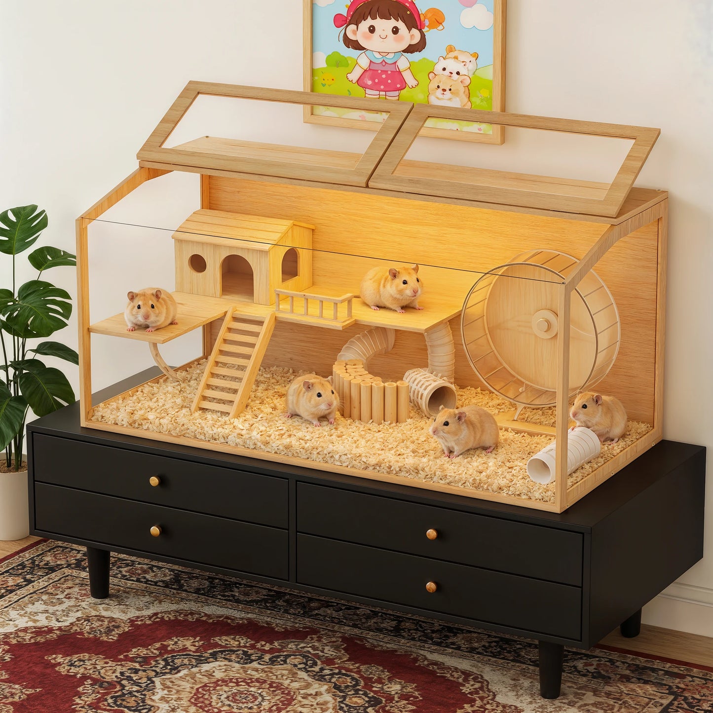 Large Wooden Hamster Cage With Integrated LED Light And Safety