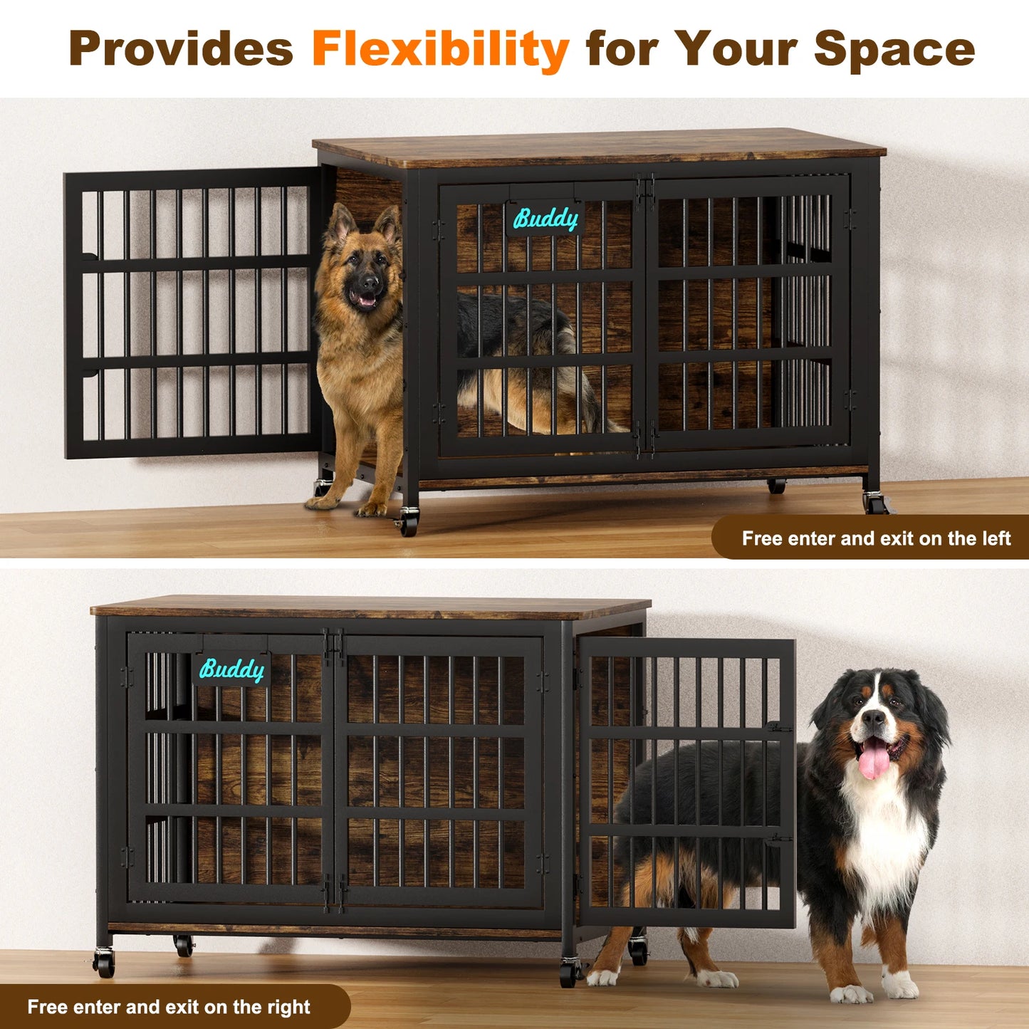 Heavy Duty Dog Crate Furniture With Casters For Indoor Use