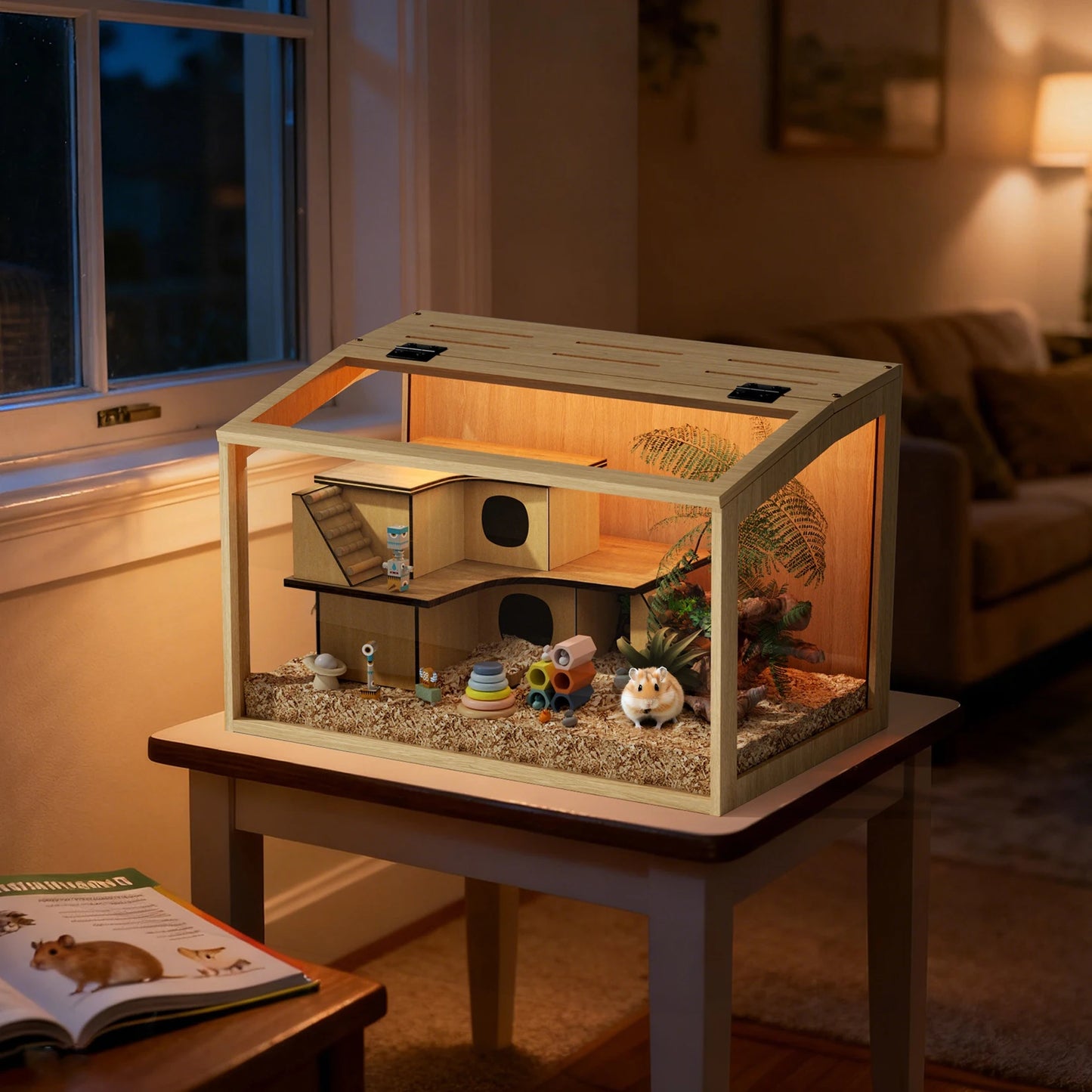 Large Wooden Hamster Cage With Integrated LED Light And Safety