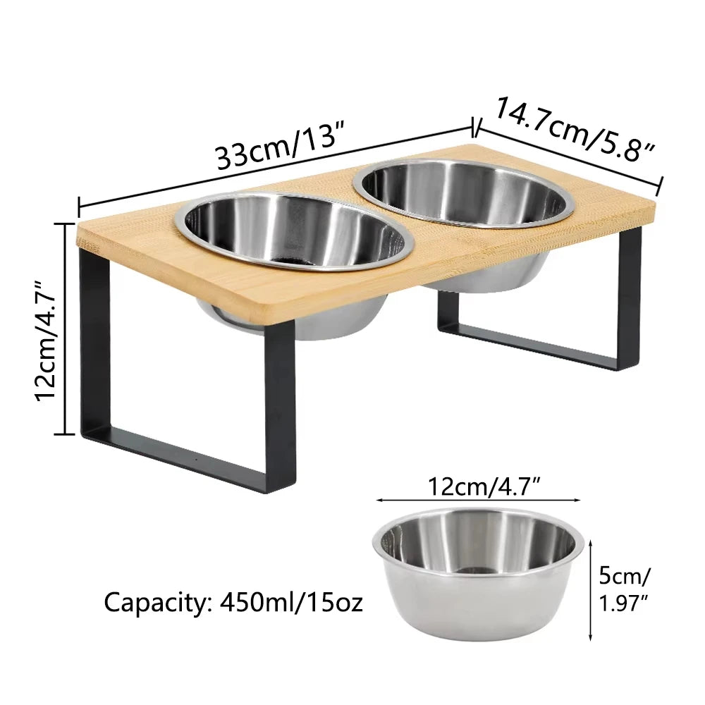 Elevated Tilted Cat Bowl Set With Wooden Stand Anti Vomiting