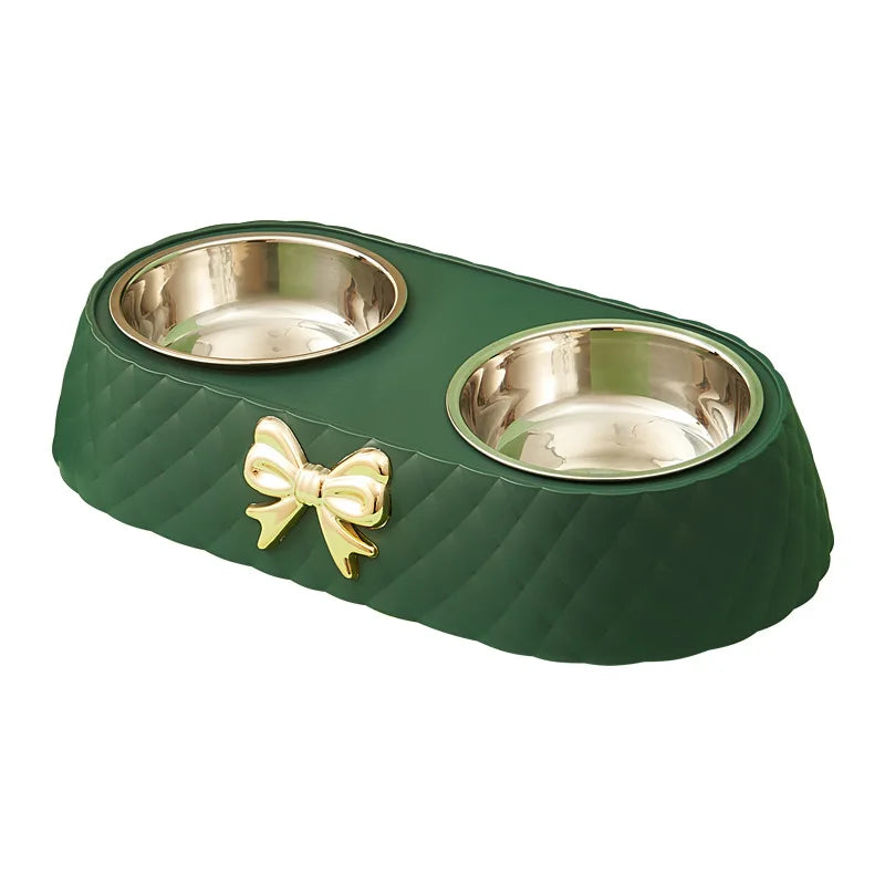 Bow Tie Pet Bowl Dual Feeder With Plastic Base And Double Bowls