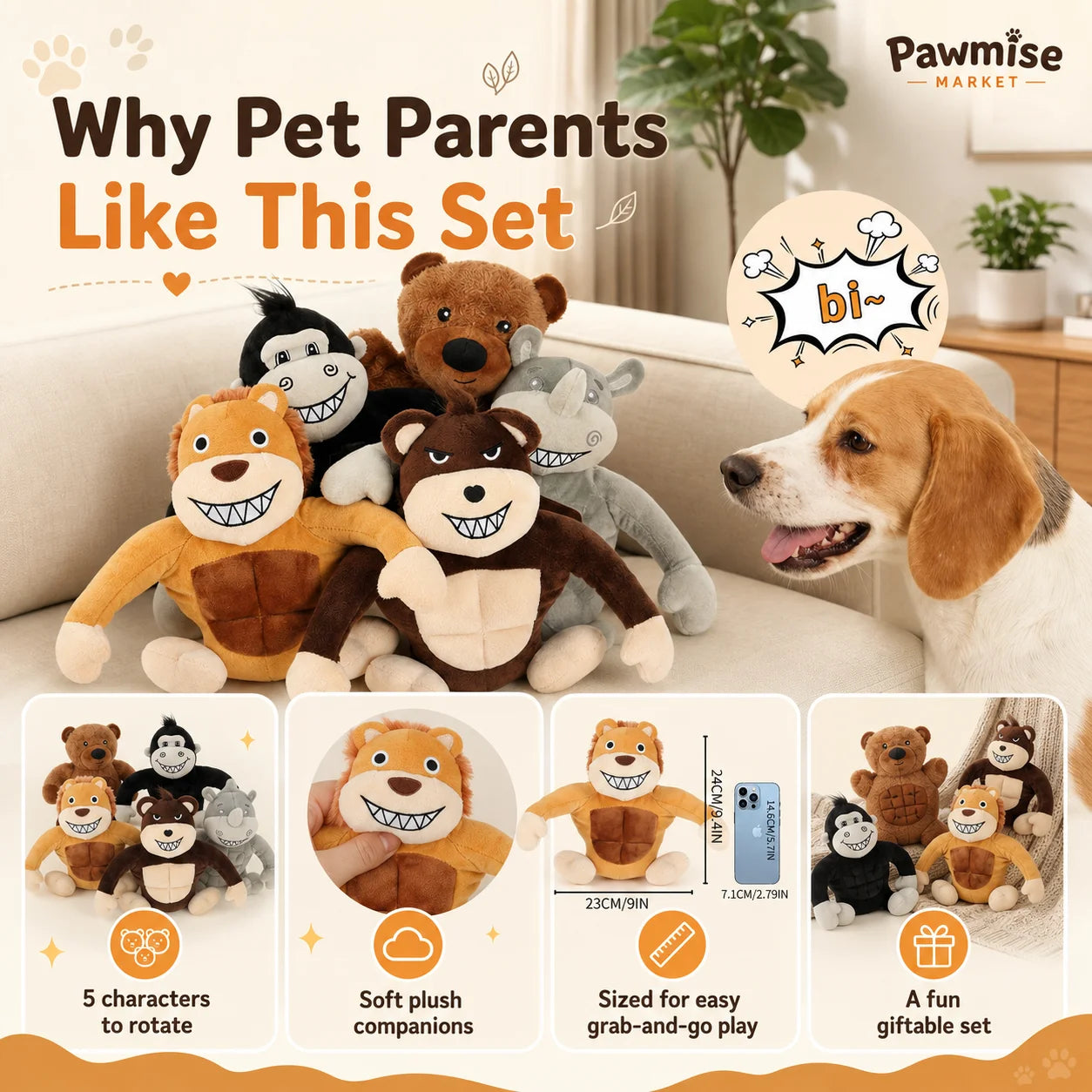 Five Piece Plush Squeaky Pet Toys For Dogs And Cats