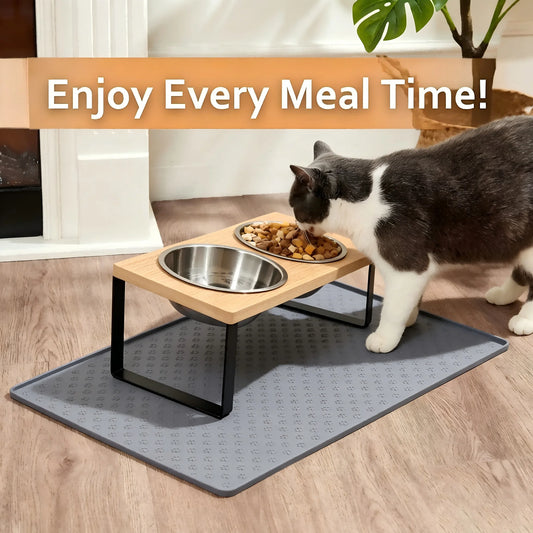Elevated Tilted Cat Bowl Set With Wooden Stand Anti Vomiting