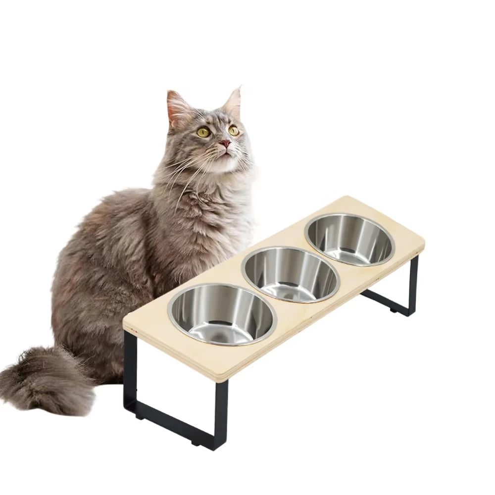 Elevated Cat Feeder With Tilted Bamboo Iron Stand Bowls