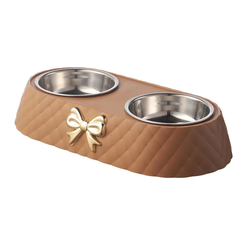 Bow Tie Pet Bowl Dual Feeder With Plastic Base And Double Bowls