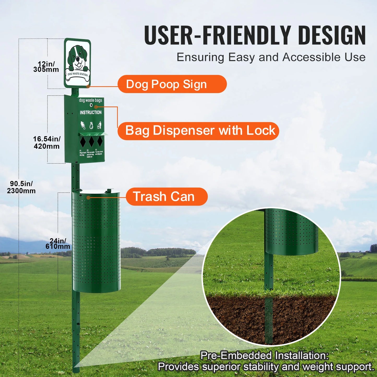Outdoor Galvanized Steel Dog Waste Station With Hand Wash Bottle Bag Dispenser