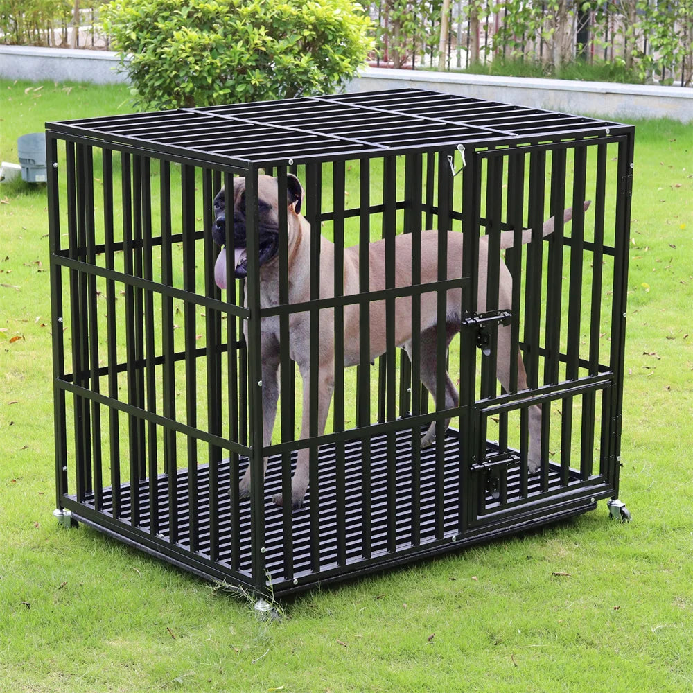 BORWART Heavy Duty Dog Crate Tear Resistant Square Tube Kennel Lockable Wheels