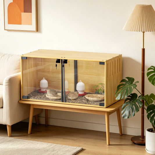 Wooden Hamster Cage With Removable Divider And Tempered Glass Panels