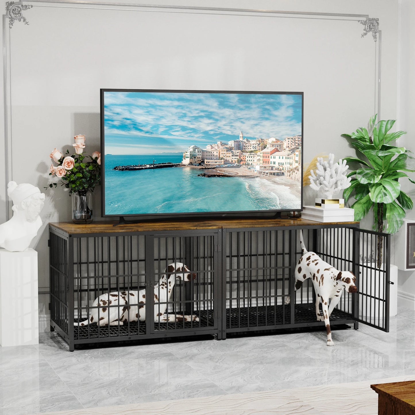 Furniture Style Metal Wood Dog Crate End Table With Three Doors Removable Tray