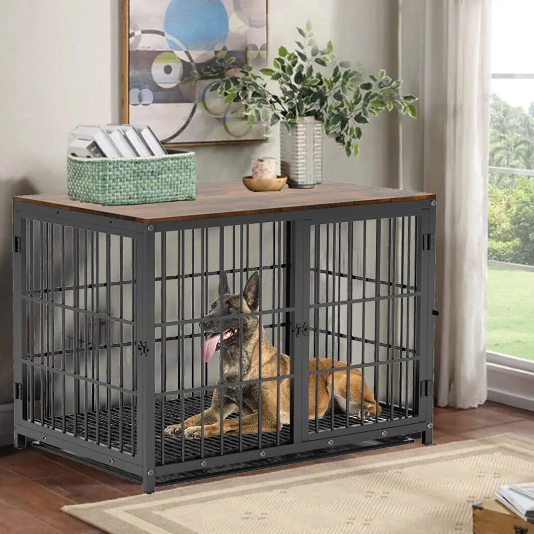 Furniture Style Metal Wood Dog Crate End Table With Three Doors Removable Tray