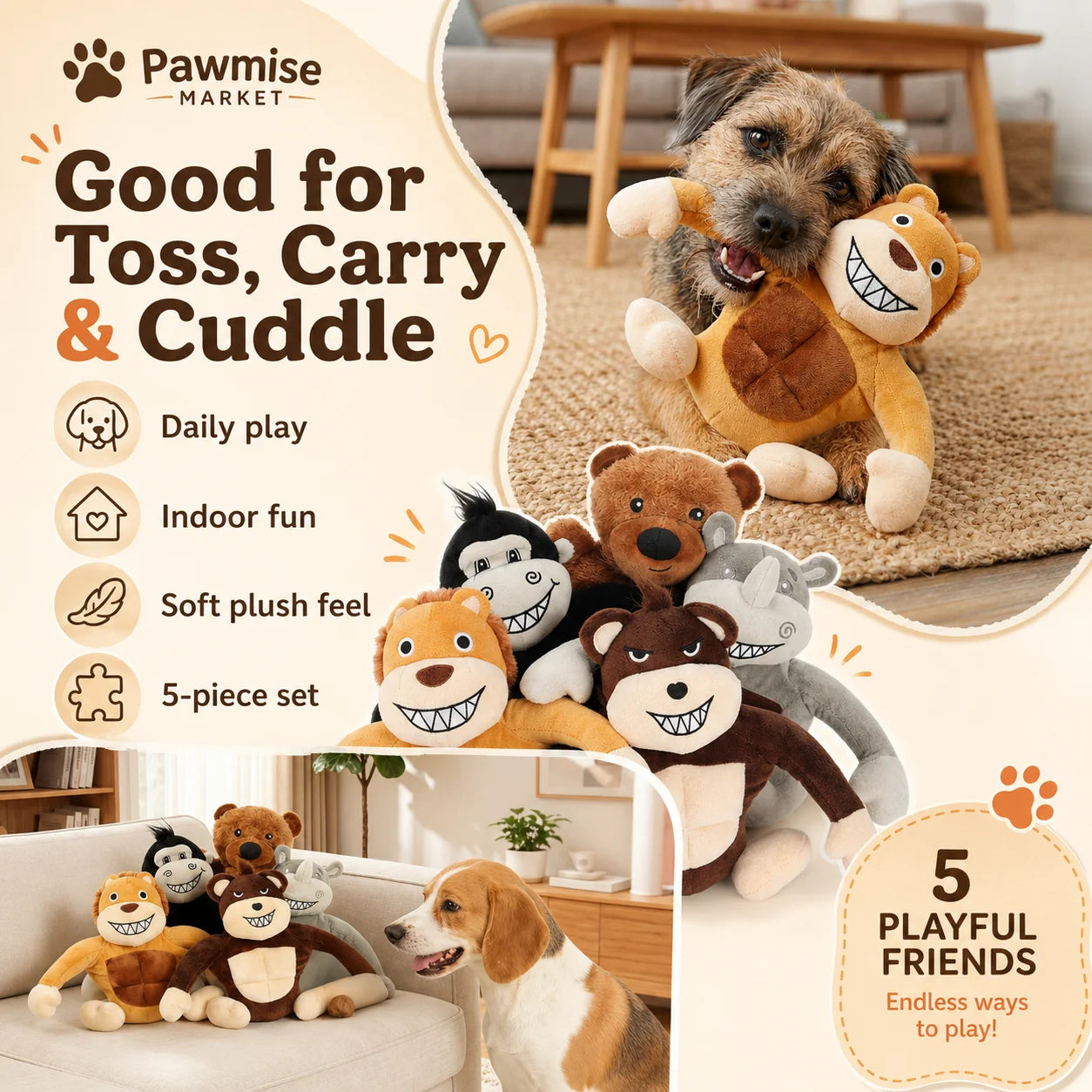Five Piece Plush Squeaky Pet Toys For Dogs And Cats