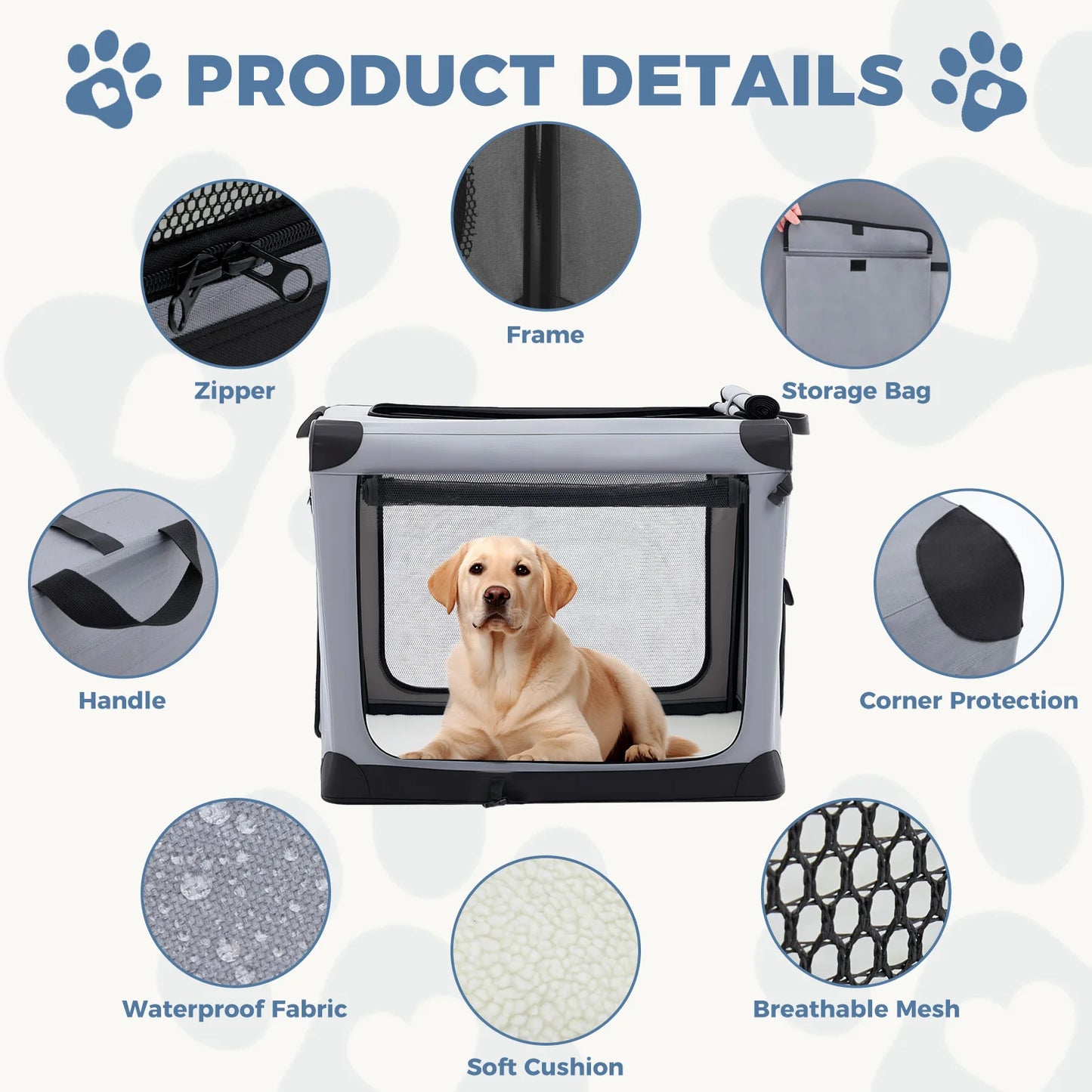 JHK Foldable Soft Dog Crate With Three Doors Indoor Use