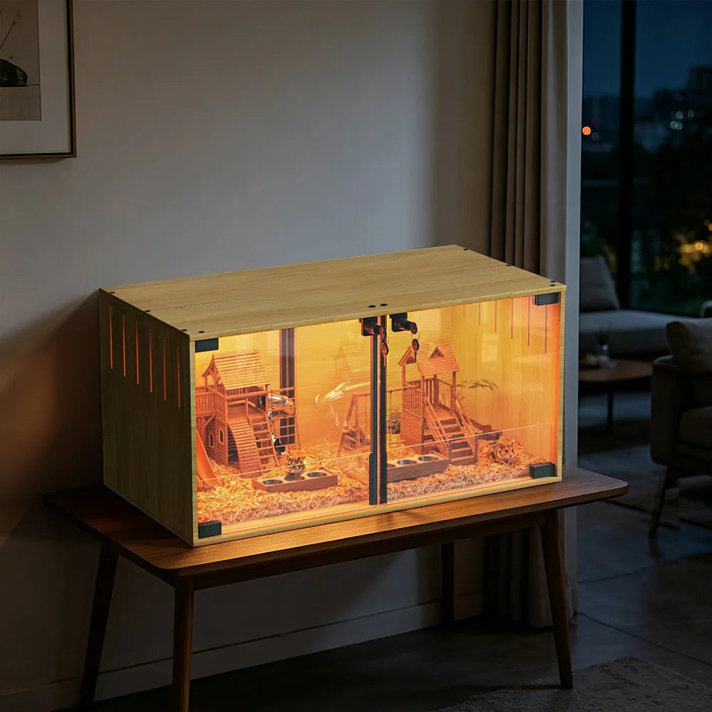 Wooden Hamster Cage With Dual Doors And Removable Divider