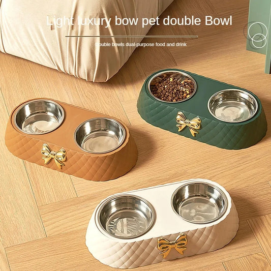 Bow Tie Pet Bowl Dual Feeder With Plastic Base And Double Bowls