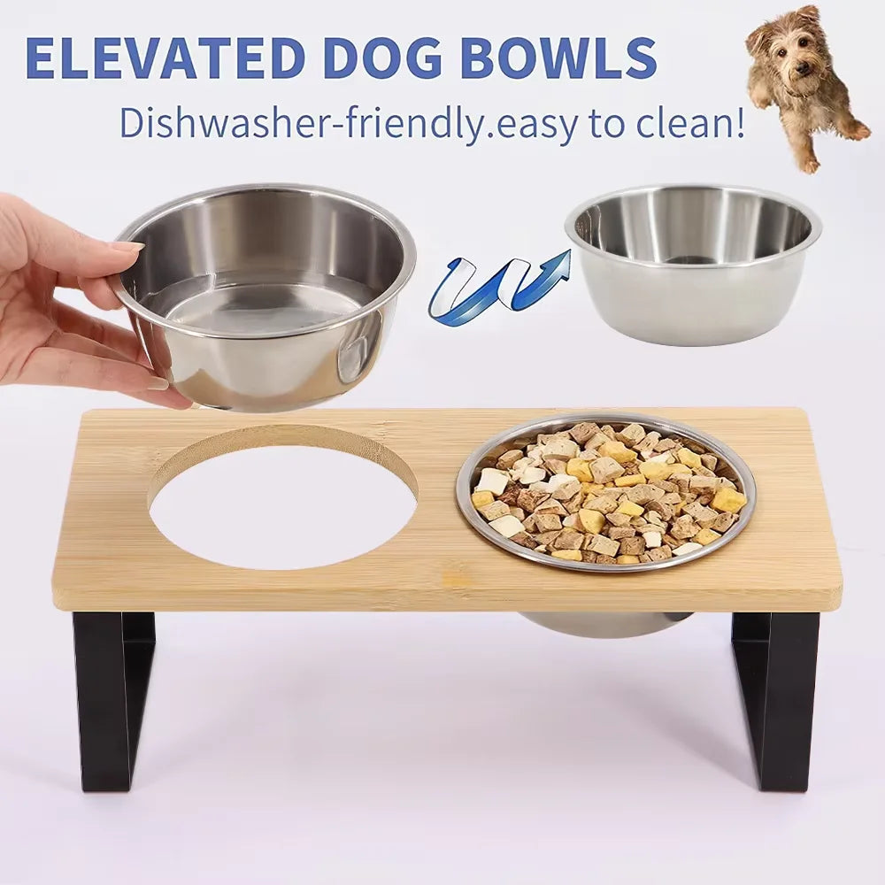 Elevated Tilted Cat Bowl Set With Wooden Stand Anti Vomiting