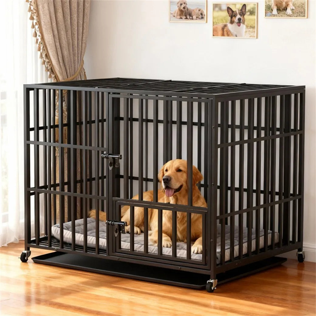 BORWART Heavy Duty Dog Crate With Lockable Wheels And Tray