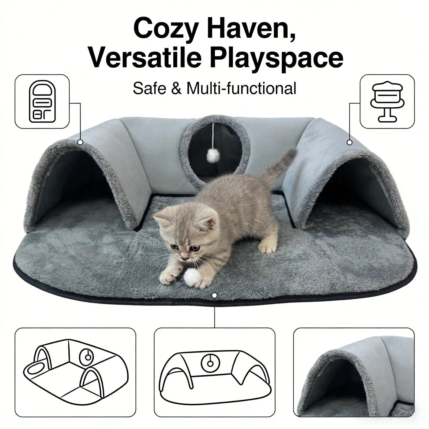 2 In 1 Cat Tunnel Bed With Plush Cushion And Hideaway Cave