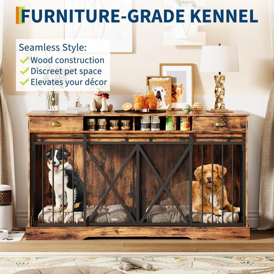 Double Dog Crate Furniture With Sliding Doors And Removable Divider