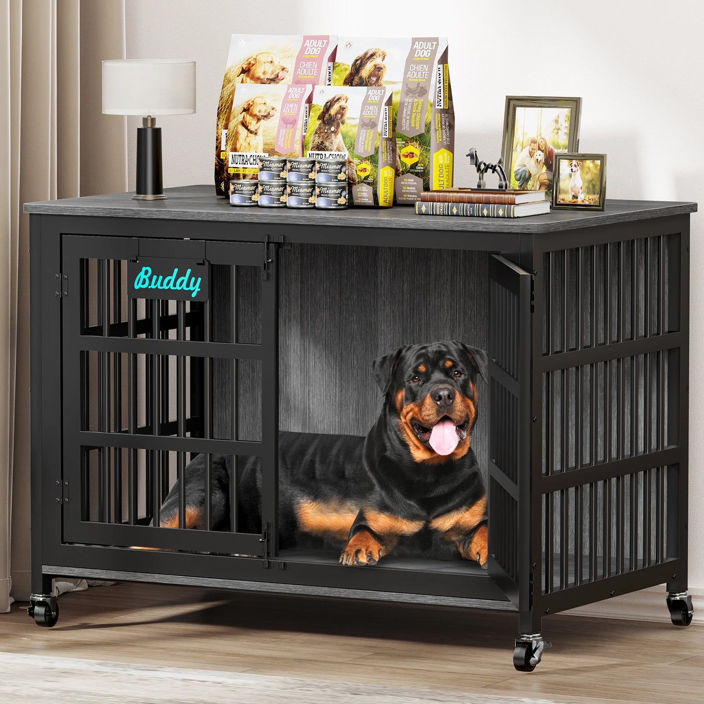 Heavy Duty Dog Crate Furniture With Casters For Indoor Use