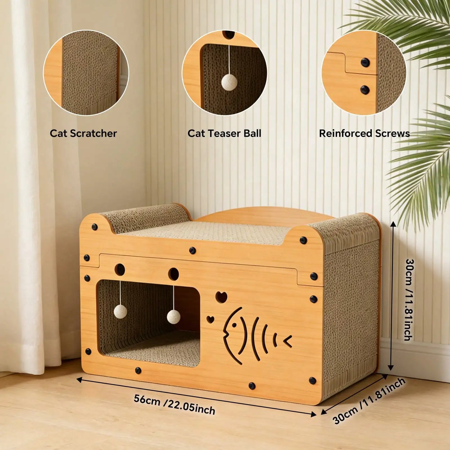 2In1 Feline Cat Scratcher Lounge Bed With Pom Balls