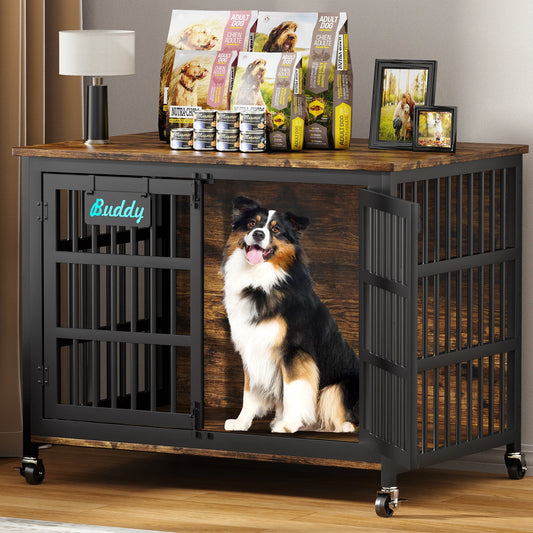 Heavy Duty Dog Crate Furniture With Casters For Indoor Use